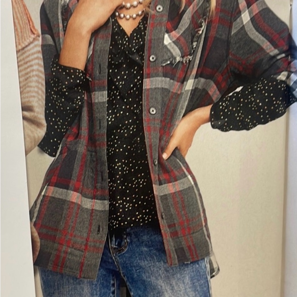 CAbi Red and Gray Plaid Button-Down Shirt Jacket